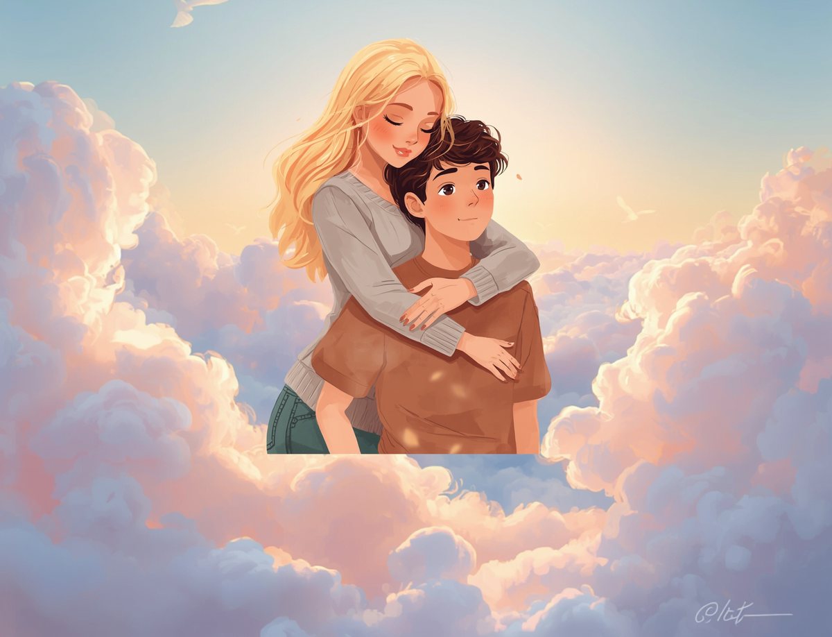 An illustration of a mother embracing her son among clouds