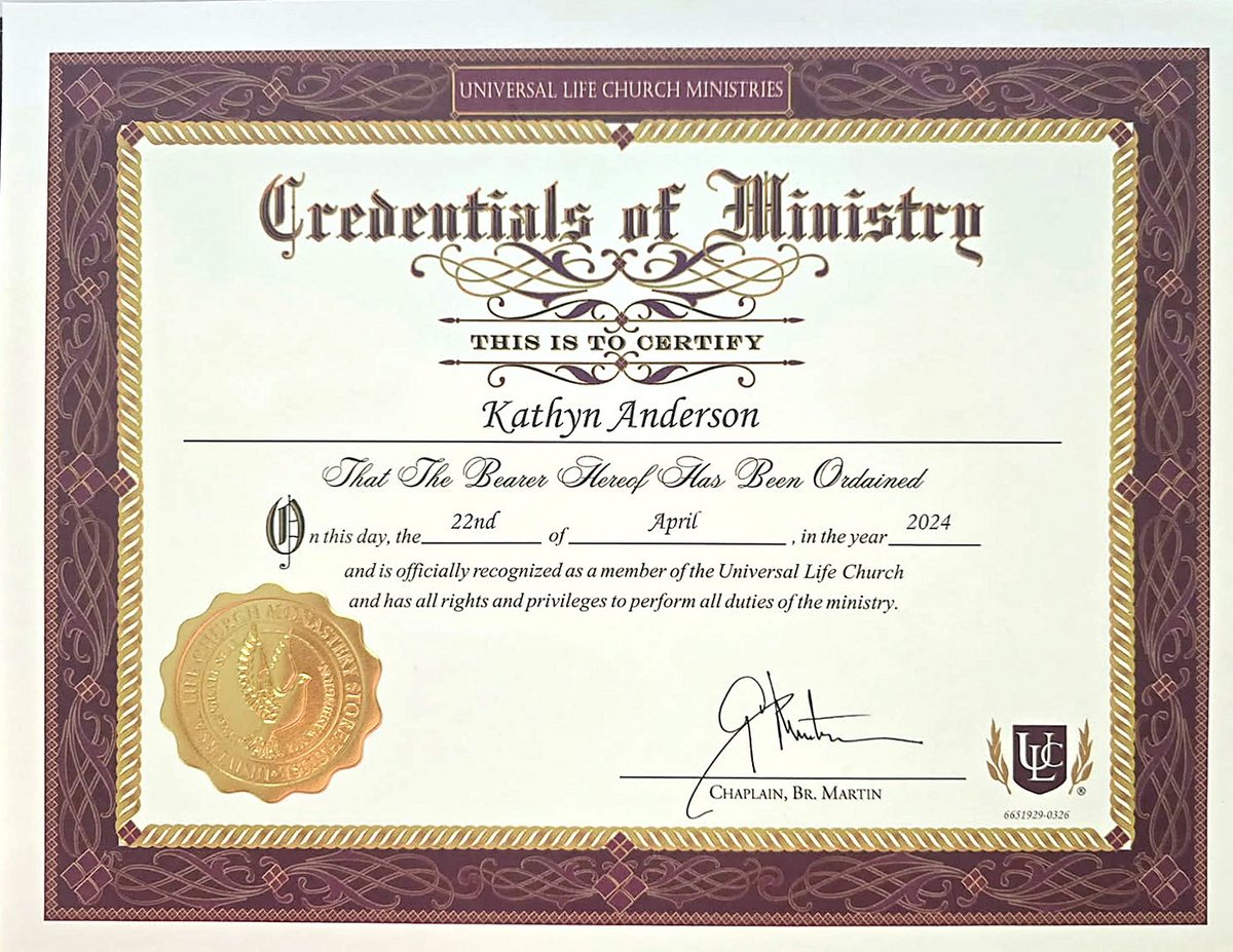 Kathryn&rsquo;s certificate of ministry